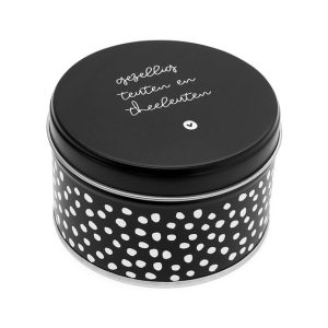 Theeblikje Gezellig teuten en theeleuten, zwart wit stippen, Zoedt